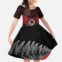 Aotearoa Kiwi Taniko Family Matching Tank Maxi Dress and Hawaiian Shirt Silver Fern With Maori Koru Pattern LT14 Daughter's Dress Red - Polynesian Pride