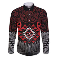 Aotearoa Kiwi Taniko Family Matching Tank Maxi Dress and Hawaiian Shirt Silver Fern With Maori Koru Pattern LT14 Dad's Shirt - Long Sleeve Red - Polynesian Pride