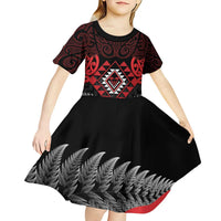 Aotearoa Kiwi Taniko Kid Short Sleeve Dress Silver Fern With Maori Koru Pattern