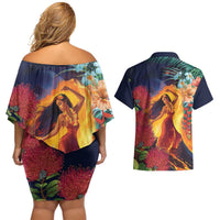 Hawaii Kilauea Big Islands Couples Matching Off Shoulder Short Dress and Hawaiian Shirt Pele Goddess With Tropical Flowers LT14 - Polynesian Pride