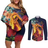 Hawaii Kilauea Big Islands Couples Matching Off Shoulder Short Dress and Long Sleeve Button Shirt Pele Goddess With Tropical Flowers LT14 Art - Polynesian Pride