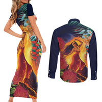 Hawaii Kilauea Big Islands Couples Matching Short Sleeve Bodycon Dress and Long Sleeve Button Shirt Pele Goddess With Tropical Flowers LT14 - Polynesian Pride