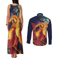 Hawaii Kilauea Big Islands Couples Matching Tank Maxi Dress and Long Sleeve Button Shirt Pele Goddess With Tropical Flowers LT14 - Polynesian Pride