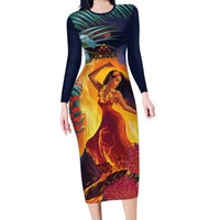 Hawaii Kilauea Big Islands Long Sleeve Bodycon Dress Pele Goddess With Tropical Flowers LT14 Long Dress Art - Polynesian Pride
