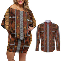 Malo e Lelei Tonga Couples Matching Off Shoulder Short Dress and Long Sleeve Button Shirt Tongan Ngatu Tapa Cloth LT14 Orange - Polynesian Pride