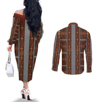 Malo e Lelei Tonga Couples Matching Off The Shoulder Long Sleeve Dress and Long Sleeve Button Shirt Tongan Ngatu Tapa Cloth LT14 - Polynesian Pride