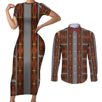 Malo e Lelei Tonga Couples Matching Short Sleeve Bodycon Dress and Long Sleeve Button Shirt Tongan Ngatu Tapa Cloth LT14 Orange - Polynesian Pride