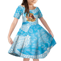 Aloha Hawaii Women's Day Family Matching Long Sleeve Bodycon Dress and Hawaiian Shirt Hula Girl With Ukulele Tropical Style LT14 Daughter's Dress Blue - Polynesian Pride