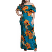 Hawaii Luau Party Family Matching Off Shoulder Maxi Dress and Hawaiian Shirt Dancing Girl Tropical Flowers LT14 Mom's Dress Blue - Polynesian Pride