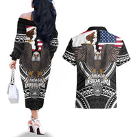 Talofa American Samoa Flag Day Couples Matching Off The Shoulder Long Sleeve Dress and Hawaiian Shirt Bald Eagle Polynesian Tattoo LT14 - Polynesian Pride