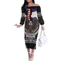 Talofa American Samoa Flag Day Family Matching Off The Shoulder Long Sleeve Dress and Hawaiian Shirt Bald Eagle Polynesian Tattoo LT14 Mom's Dress Black - Polynesian Pride