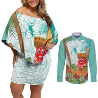 Hawaii Cinco de Mayo Couples Matching Off Shoulder Short Dress and Long Sleeve Button Shirt Chili Pepper Hula Girl Tropical Vibes LT14 Turquoise - Polynesian Pride