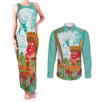Hawaii Cinco de Mayo Couples Matching Tank Maxi Dress and Long Sleeve Button Shirt Chili Pepper Hula Girl Tropical Vibes LT14 Turquoise - Polynesian Pride