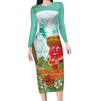 Hawaii Cinco de Mayo Long Sleeve Bodycon Dress Chili Pepper Hula Girl Tropical Vibes LT14 Long Dress Turquoise - Polynesian Pride