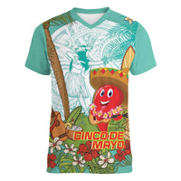 Hawaii Cinco de Mayo Women V-Neck T-Shirt Chili Pepper Hula Girl Tropical Vibes LT14 Female Turquoise - Polynesian Pride