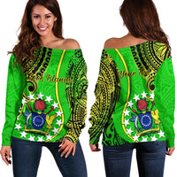 Personalised Cook Islands Off Shoulder Sweater Kuki Airani Coat Of Arms LT14 Women Green - Polynesian Pride