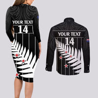 Custom New Zealand Silver Fern Cricket Couples Matching Long Sleeve Bodycon Dress and Long Sleeve Button Shirt Aotearoa Maori Go Black Cap LT14 - Polynesian Pride