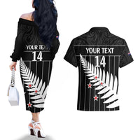 Custom New Zealand Silver Fern Cricket Couples Matching Off The Shoulder Long Sleeve Dress and Hawaiian Shirt Aotearoa Maori Go Black Cap LT14 - Polynesian Pride