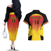 Custom Papua New Guinea Cricket Couples Matching Off The Shoulder Long Sleeve Dress and Hawaiian Shirt 2024 Go PNG LT14 - Polynesian Pride