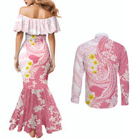 Pink Hawaii Shark Tattoo Couples Matching Mermaid Dress and Long Sleeve Button Shirt Puakenikeni Lei Plumeria Polynesian Pattern LT14 - Polynesian Pride