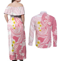 Pink Hawaii Shark Tattoo Couples Matching Off Shoulder Maxi Dress and Long Sleeve Button Shirt Puakenikeni Lei Plumeria Polynesian Pattern LT14 - Polynesian Pride