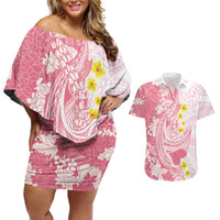 Pink Hawaii Shark Tattoo Couples Matching Off Shoulder Short Dress and Hawaiian Shirt Puakenikeni Lei Plumeria Polynesian Pattern LT14 Pink - Polynesian Pride