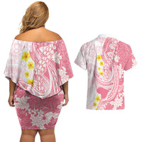 Pink Hawaii Shark Tattoo Couples Matching Off Shoulder Short Dress and Hawaiian Shirt Puakenikeni Lei Plumeria Polynesian Pattern LT14 - Polynesian Pride