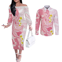 Pink Hawaii Shark Tattoo Couples Matching Off The Shoulder Long Sleeve Dress and Long Sleeve Button Shirt Puakenikeni Lei Plumeria Polynesian Pattern LT14 Pink - Polynesian Pride
