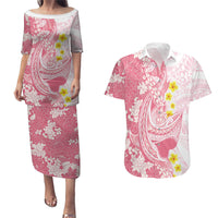 Pink Hawaii Shark Tattoo Couples Matching Puletasi and Hawaiian Shirt Puakenikeni Lei Plumeria Polynesian Pattern LT14 Pink - Polynesian Pride