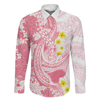 Pink Hawaii Shark Tattoo Family Matching Puletasi and Hawaiian Shirt Puakenikeni Lei Plumeria Polynesian Pattern LT14 Dad's Shirt - Long Sleeve Pink - Polynesian Pride
