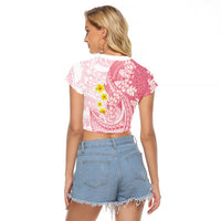 Pink Hawaii Shark Tattoo Raglan Cropped T Shirt Puakenikeni Lei Plumeria Polynesian Pattern