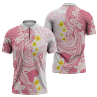 Pink Hawaii Shark Tattoo Zipper Polo Shirt Puakenikeni Lei Plumeria Polynesian Pattern