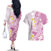 Purple Hawaii Shark Tattoo Couples Matching Off The Shoulder Long Sleeve Dress and Hawaiian Shirt Puakenikeni Lei Plumeria Polynesian Pattern LT14 - Polynesian Pride