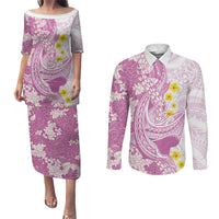 Purple Hawaii Shark Tattoo Couples Matching Puletasi and Long Sleeve Button Shirt Puakenikeni Lei Plumeria Polynesian Pattern LT14 Purple - Polynesian Pride