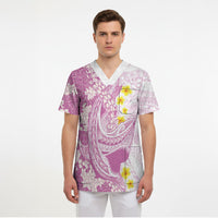 Purple Hawaii Shark Tattoo Scrub Top Puakenikeni Lei Plumeria Polynesian Pattern