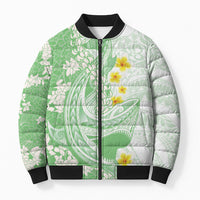 Green Hawaii Shark Tattoo Bomber Puffer Jacket Puakenikeni Lei Plumeria Polynesian Pattern