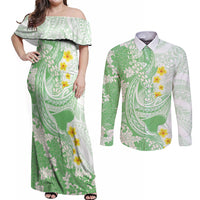 Green Hawaii Shark Tattoo Couples Matching Off Shoulder Maxi Dress and Long Sleeve Button Shirt Puakenikeni Lei Plumeria Polynesian Pattern LT14 Green - Polynesian Pride