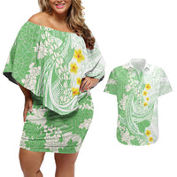 Green Hawaii Shark Tattoo Couples Matching Off Shoulder Short Dress and Hawaiian Shirt Puakenikeni Lei Plumeria Polynesian Pattern LT14 Green - Polynesian Pride