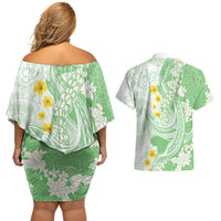 Green Hawaii Shark Tattoo Couples Matching Off Shoulder Short Dress and Hawaiian Shirt Puakenikeni Lei Plumeria Polynesian Pattern LT14 - Polynesian Pride