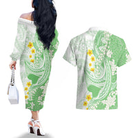 Green Hawaii Shark Tattoo Couples Matching Off The Shoulder Long Sleeve Dress and Hawaiian Shirt Puakenikeni Lei Plumeria Polynesian Pattern LT14 - Polynesian Pride