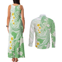 Green Hawaii Shark Tattoo Couples Matching Tank Maxi Dress and Long Sleeve Button Shirt Puakenikeni Lei Plumeria Polynesian Pattern LT14 - Polynesian Pride