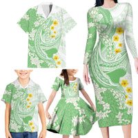 Green Hawaii Shark Tattoo Family Matching Long Sleeve Bodycon Dress and Hawaiian Shirt Puakenikeni Lei Plumeria Polynesian Pattern LT14 - Polynesian Pride