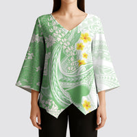 Green Hawaii Shark Tattoo Kimono Sleeve Blouse Puakenikeni Lei Plumeria Polynesian Pattern