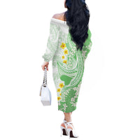 Green Hawaii Shark Tattoo Off The Shoulder Long Sleeve Dress Puakenikeni Lei Plumeria Polynesian Pattern LT14 - Polynesian Pride