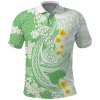 Green Hawaii Shark Tattoo Polo Shirt Puakenikeni Lei Plumeria Polynesian Pattern