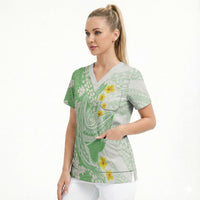 Green Hawaii Shark Tattoo Scrub Top Puakenikeni Lei Plumeria Polynesian Pattern