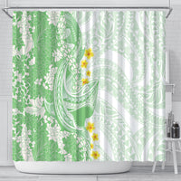 Green Hawaii Shark Tattoo Shower Curtain Puakenikeni Lei Plumeria Polynesian Pattern