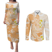 Orange Hawaii Shark Tattoo Couples Matching Puletasi and Long Sleeve Button Shirt Puakenikeni Lei Plumeria Polynesian Pattern LT14 Orange - Polynesian Pride