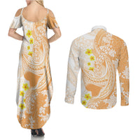 Orange Hawaii Shark Tattoo Couples Matching Summer Maxi Dress and Long Sleeve Button Shirt Puakenikeni Lei Plumeria Polynesian Pattern LT14 - Polynesian Pride