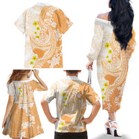 Orange Hawaii Shark Tattoo Family Matching Off The Shoulder Long Sleeve Dress and Hawaiian Shirt Puakenikeni Lei Plumeria Polynesian Pattern LT14 - Polynesian Pride